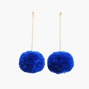 Pom Pom Blue Dangle Long Gold Chain Earrings